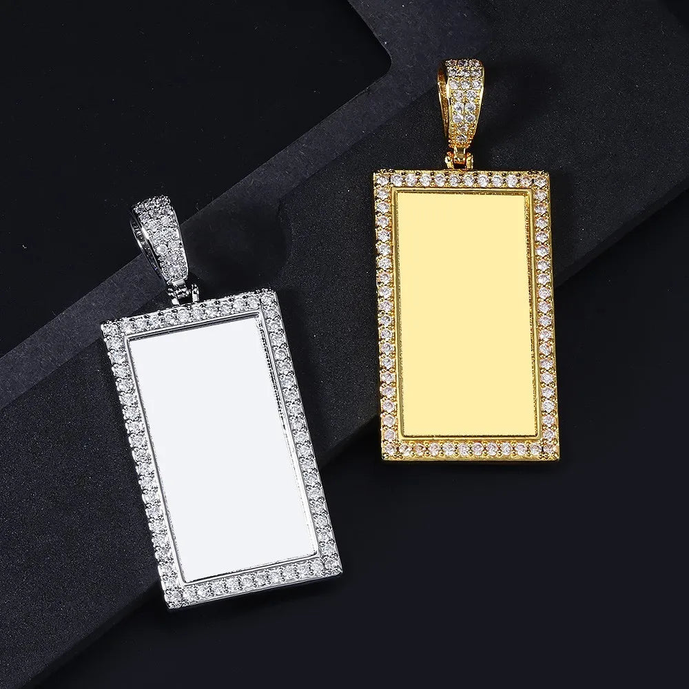 Iced Out Rectangle Photo Pendant Necklace