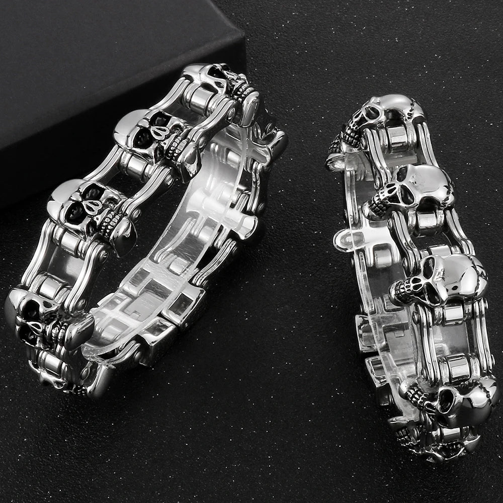 Men's Bike Chain Skull Bracelet Masculine Heavy Stainless Steel Skeleton Head Bracelets Party Accessories for Rapper