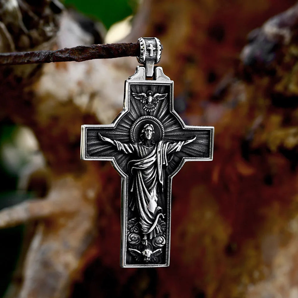 New Design 316L Stainless Steel Cross Jesus Pendant Necklace Unique Vintage Christian Fashion Male Amulet Jewelry Gift Wholesale
