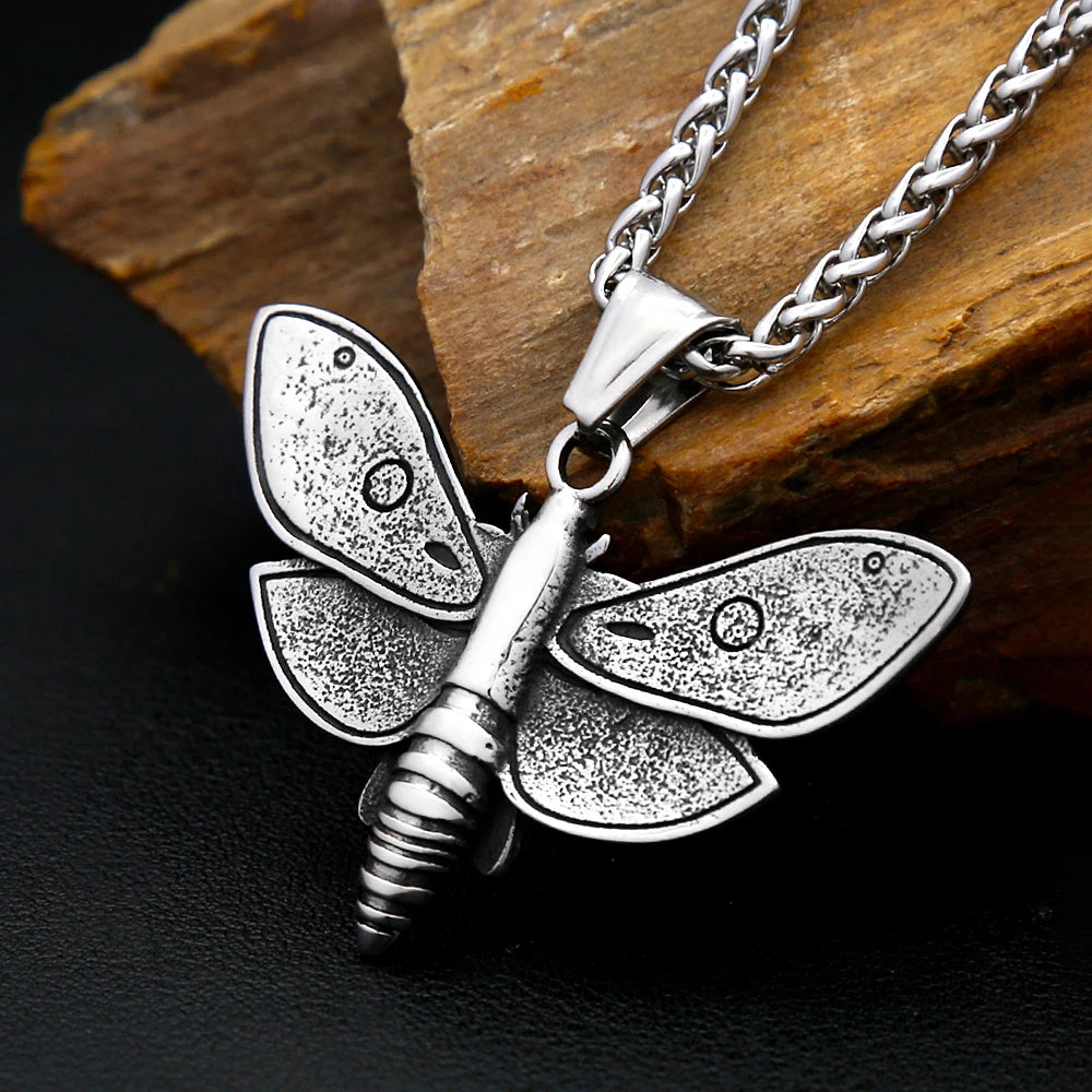 Death Head Moth Skull Pendant Necklace For Men Stainless Steel Gothic Punk Jewelry Halloween Animal Theme Collar Chain Gifts