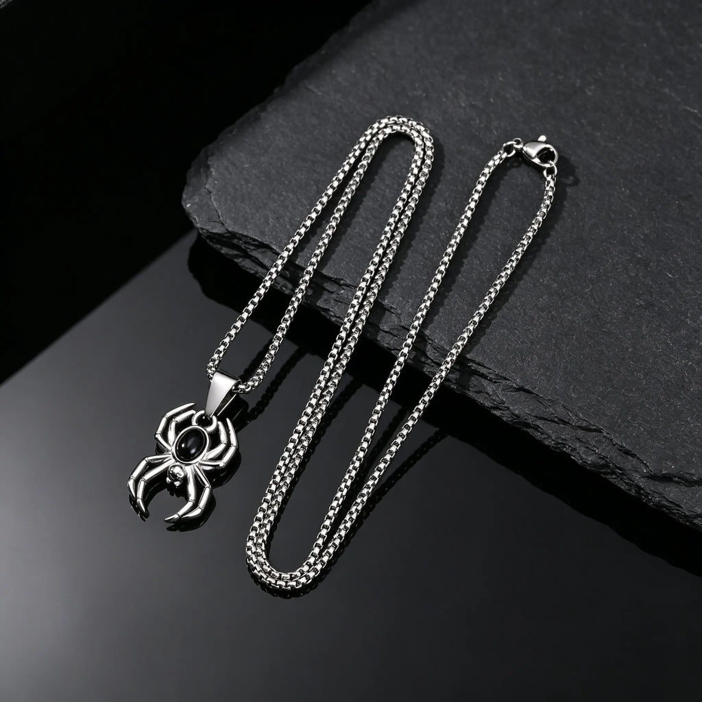 Gothic Punk Spider Totem Necklace for Men,Stainless Steel Black Onyx Inlaid Spider Pendant Necklace,Trend Halloween