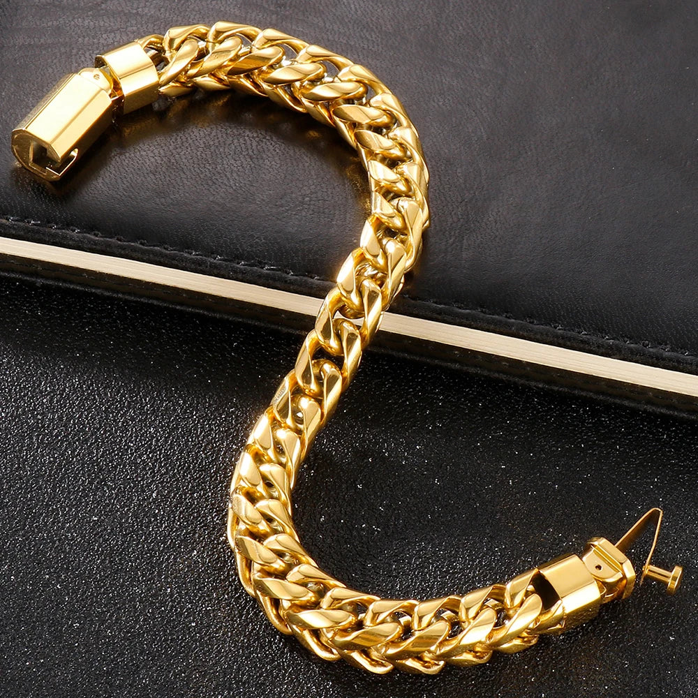 Luxury Gold Color Stainless Steel Bracelet for Men 10MM Square Franco Chain Men's Wrist Bracelets On Hand Jewellery