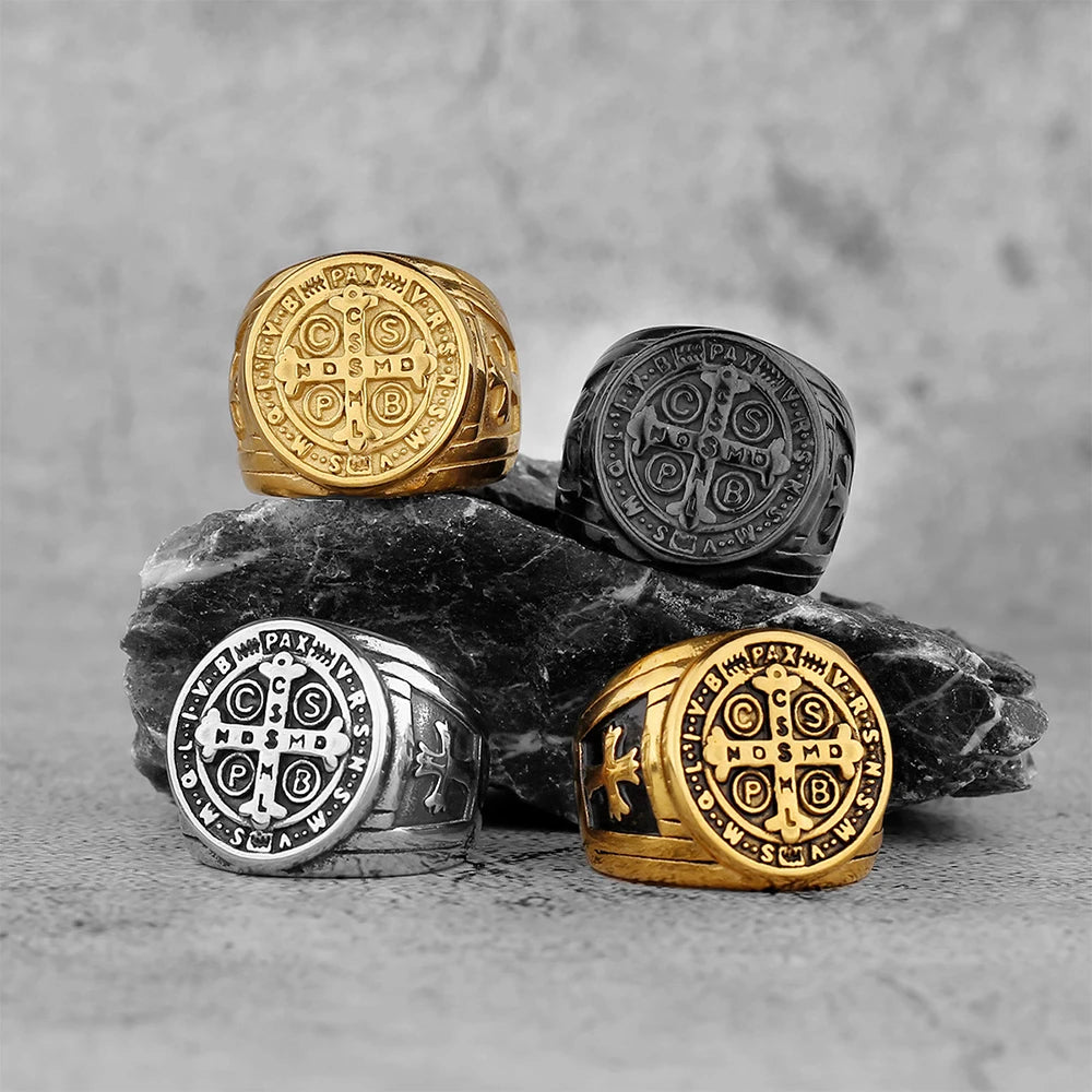 Vintage Christian St. Benedict Cspb Cross Ring For Men Punk Hip Hop Stainless Steel Jesus Ring Jewelry Creative Gift