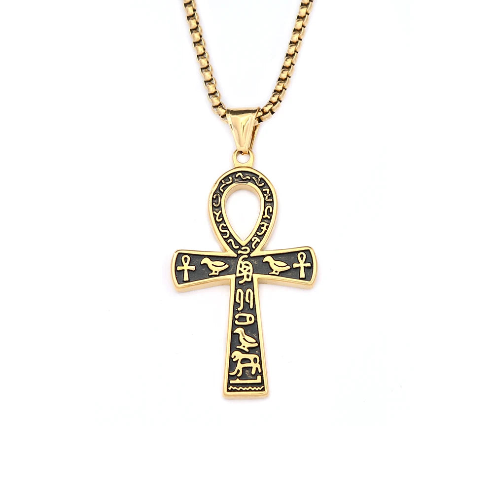 Vintage Fashion Ancient Egyptian Ankh Cross Pendant Necklace For Men Women Stainless Steel Amulet Jewelry Gifts
