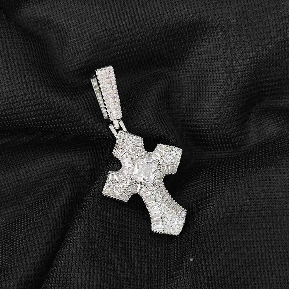 Iced Out Cross Pendant Necklace CZ Rectangle