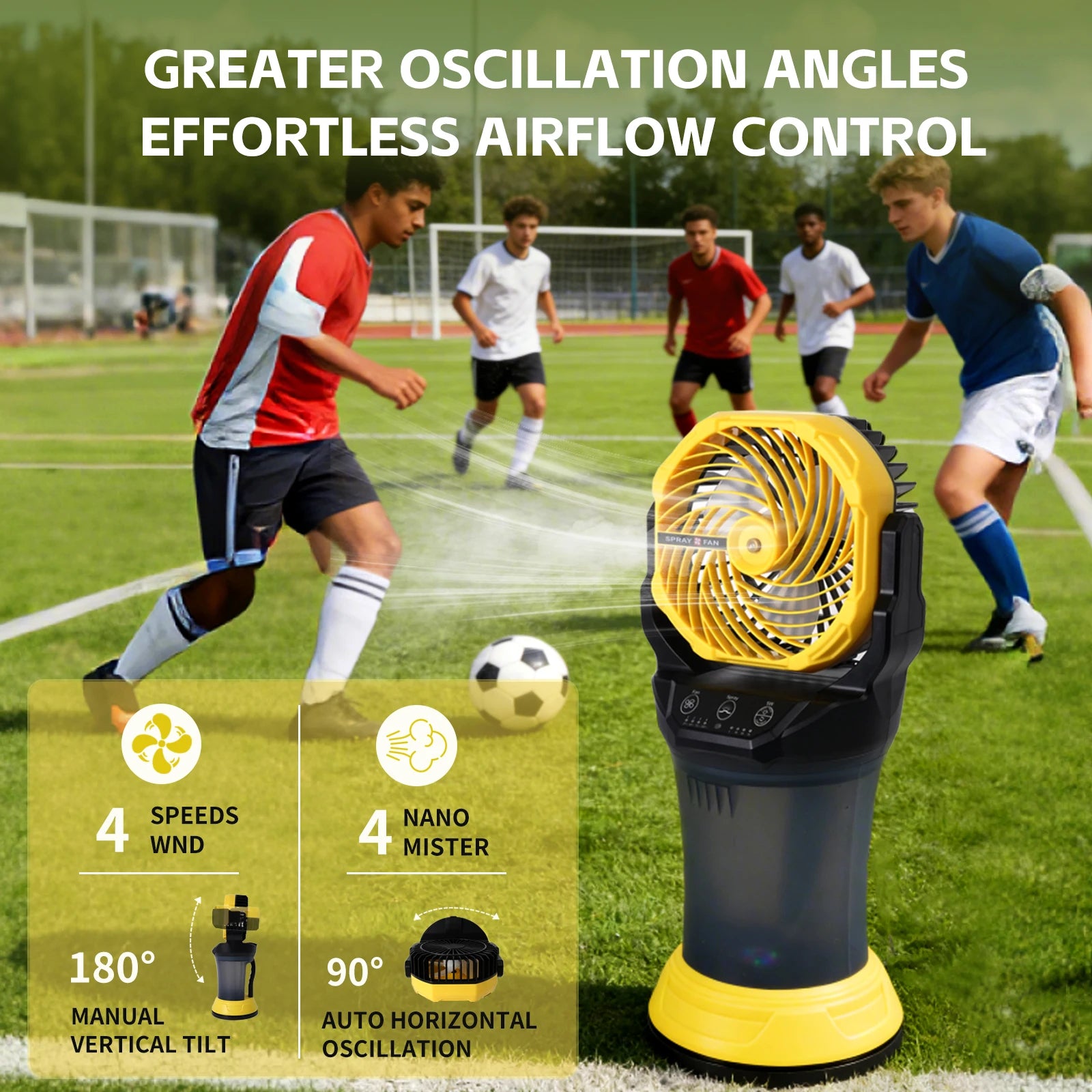 Outdoor Spray Fan 2000ml 15000mAh, 4 Speeds, Nano Mist, RGB Light, 90° Oscillation, Yellow