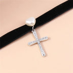 Aihua Gothic Crystsal Cross Pendant Black Velvet Necklace for Women Elegant Pearl Heart Choker Necklace Statement Jewelry