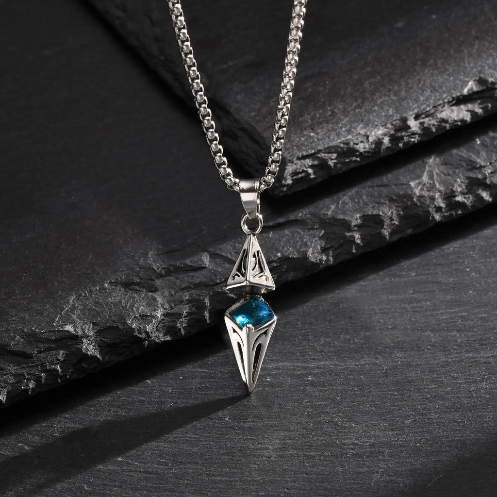Blue Stone Geometric Pendant Necklace — Stainless Steel