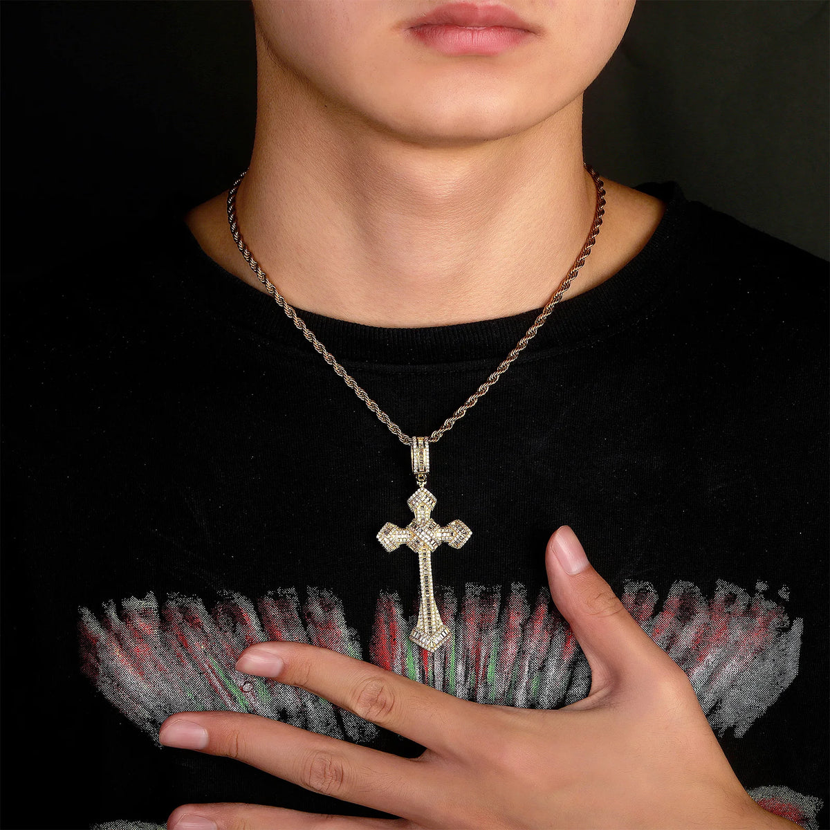 Iced Out Cross Pendant Necklace with Chain Type Options