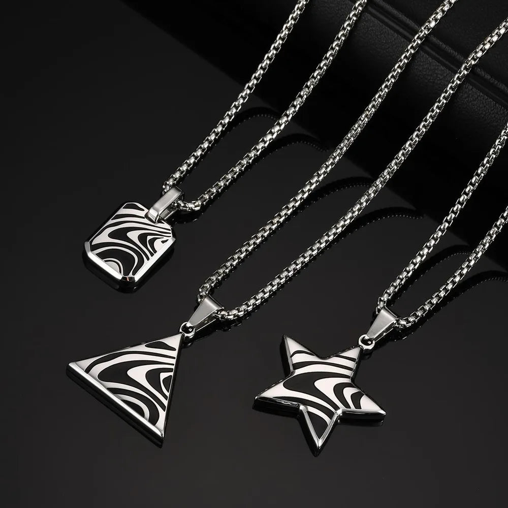 Stylish Black Drip Oil Geometric Necklace for Men,Stainless Steel Triangle Pentagram Square Pendant,New Jewelry Gift
