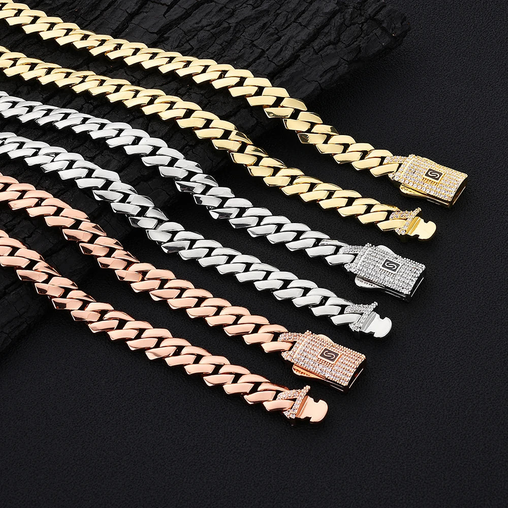 HHIOK Gold Silver Rose Gold Miami Cuban Link Bracelet Men Copper Zircon Iced Out Box Clasp Hip Hop Jewelry