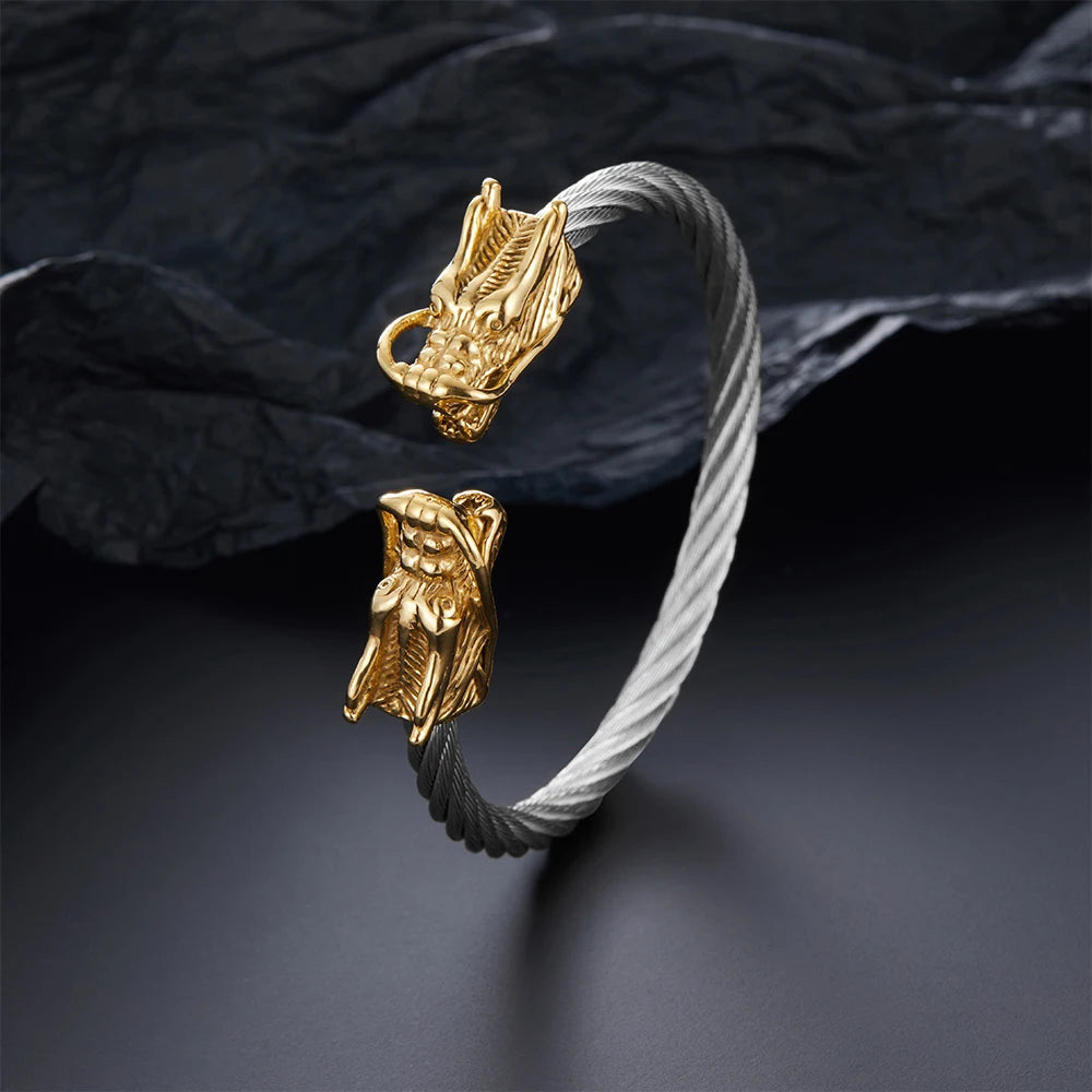 Double Dragon Tip Twisted Wire Cuff Bracelet — Stainless Steel