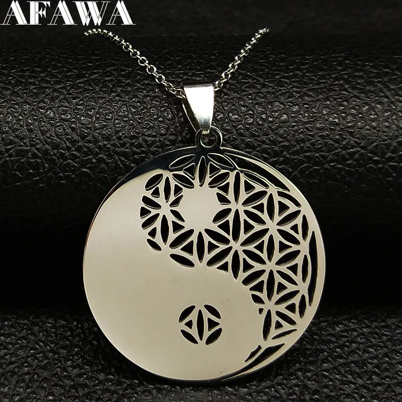 Yin Yang Flower of Life Stainless Steel Necklace for Women Men Silver Color Necklaces & Pendants Jewelry bisuteria N428-QKCS02