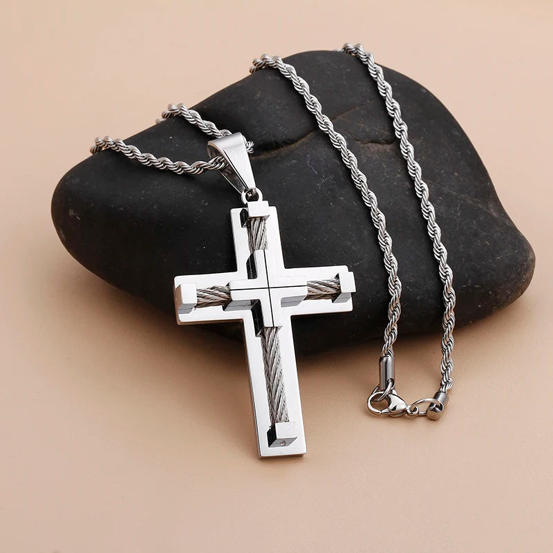 Fongten Stainless Steel Pendant Necklace for Men Multiple Color Cable Cross Twisted Link Chain Male Neck Christian