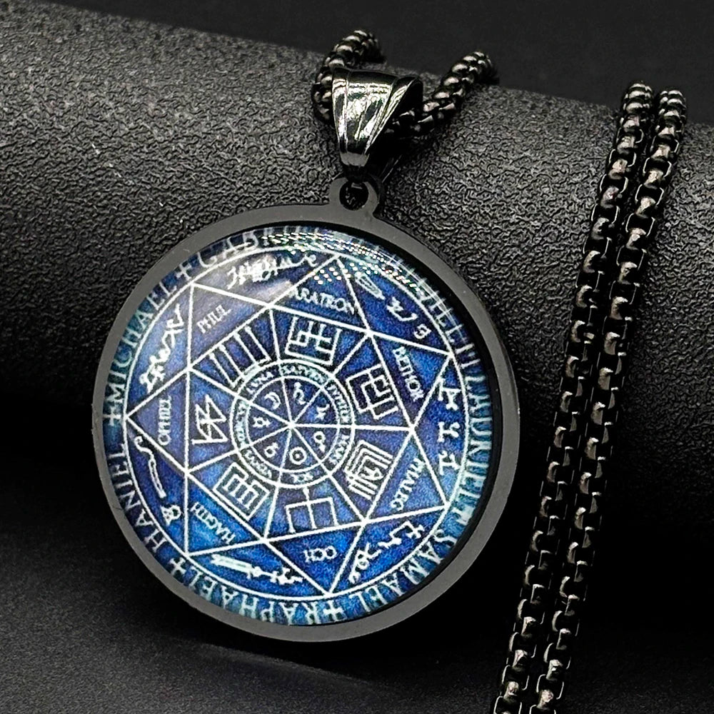 Seven Archangels Glass Medal Angel Pendant Necklace for Women Men Stainless Steel Seal of Solomon Protection Chain