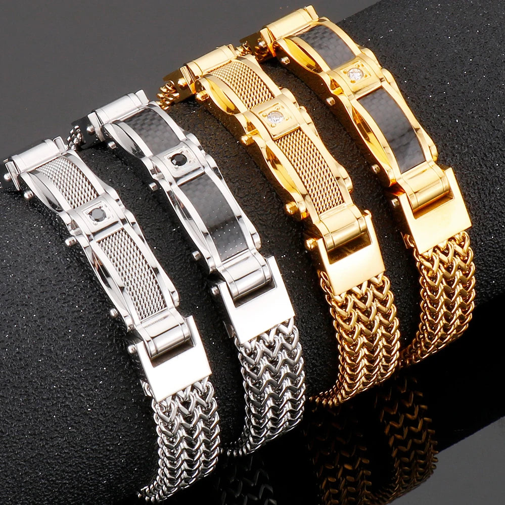 Stainless Steel Bracelet for Men 12MM Width Square Franco Link Chain Men's Bracelets With CZ & Magnet Clasp Gold Color
