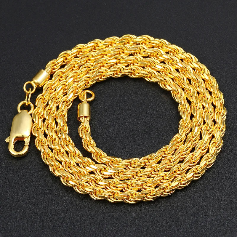 Luxury 24K 9999 Pure Gold real gold Hip Hop Fashion Brand Twist Chain Men's Width 4mm Necklace Length 45cm 50cm 55cm 60cm