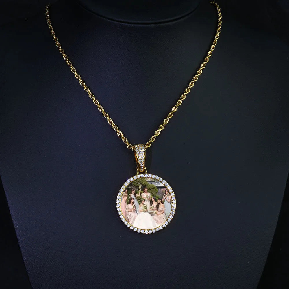 HHIOK Customized Necklaces Circle Chain Picture Personalized Diamond Memory Pendant with Photo Wing Design Gift for Men