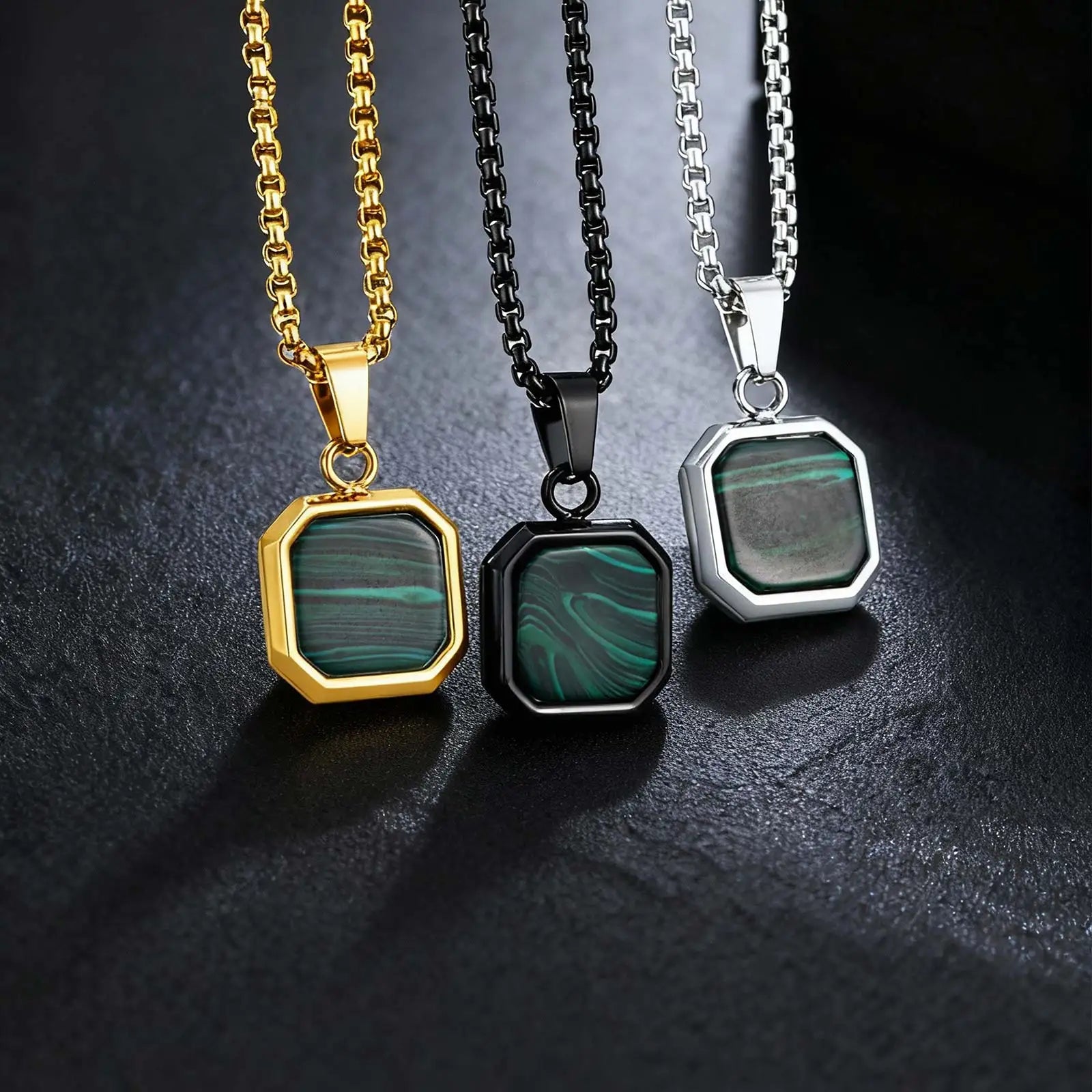 Fashion High Quality Natural Stone Square Pendant Stainless Steel Long Chain Necklace Trendy Simple Popular Jewelry for Men Gift