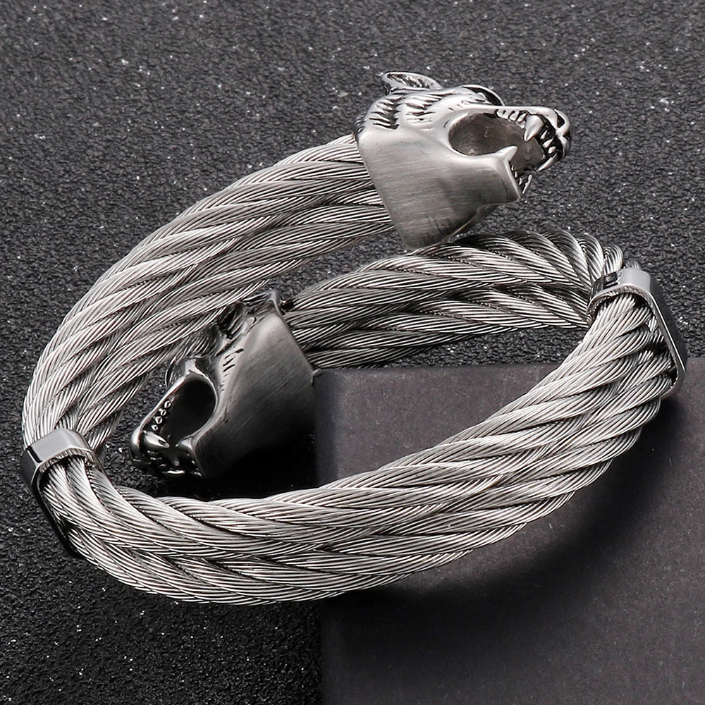 Viking Wolf Head Twisted Cable Open Cuff Bangle Bracelet For Men Stainless Steel Men's Bracelets Rock Roll Jewelry