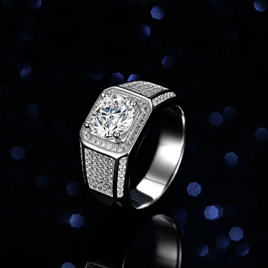 Men's Solid and Bold Boss Ring - 2 Carat Moissanite, Crafted in PT950 Platinum, Exquisite Diamond Design