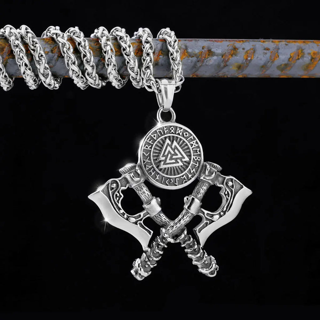 Men Vikings Ax Necklace for Man Never Fade Norse Rune Axe Thor Hammer Mjolnir Slavic Amulet Self-defense Pendant Male
