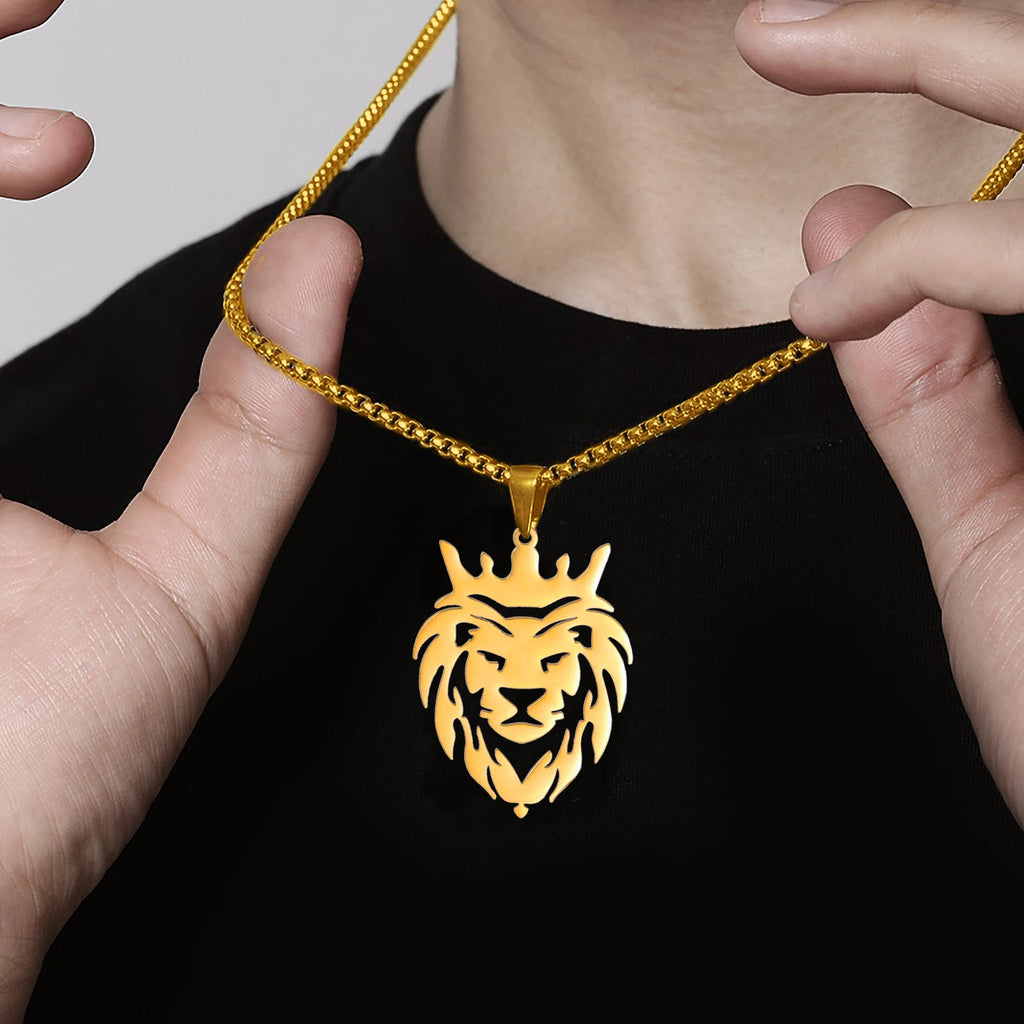 My Shape Lion King Crown Pendent Necklaces for Men Boys Stainless Steel Punk Animal Wolf Charms Choker Chains Hip Hop