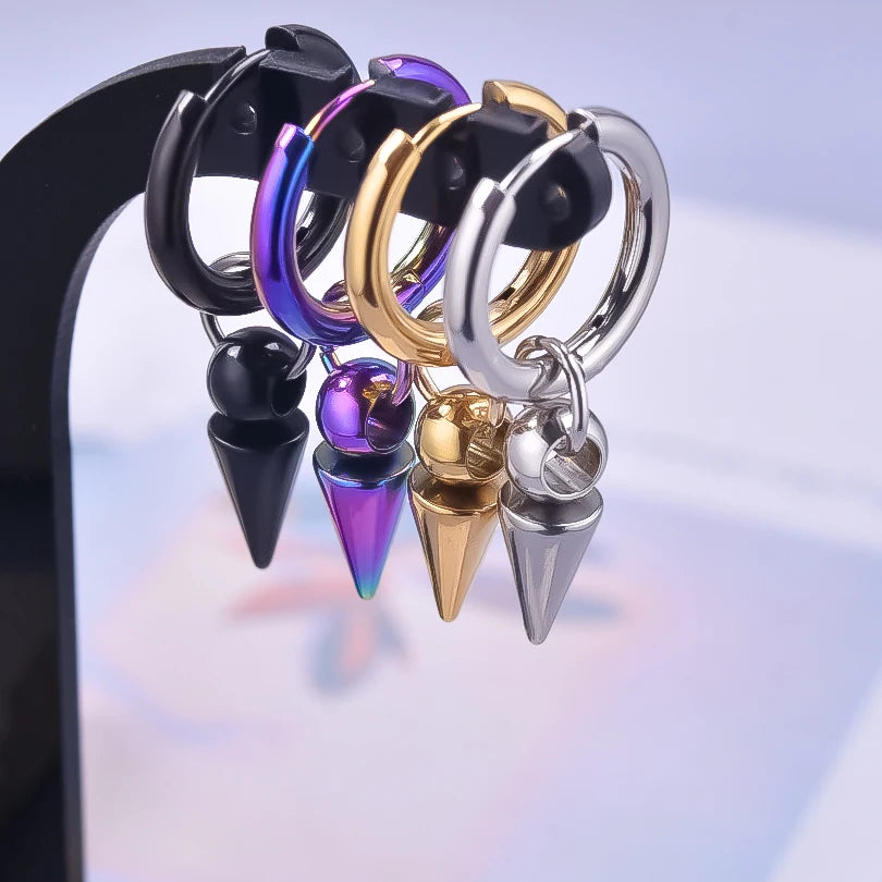Spike Cone Drop Huggie Hoop Earrings for Men — Stainless Steel