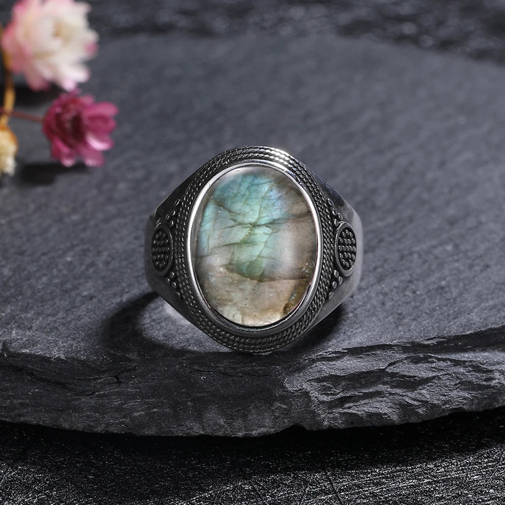 Silver Plated Rings Large Natural 10x14MM Black Agate Ring for Women Men Silver Party Jewelry Tiger Eye Turquoise Lapis