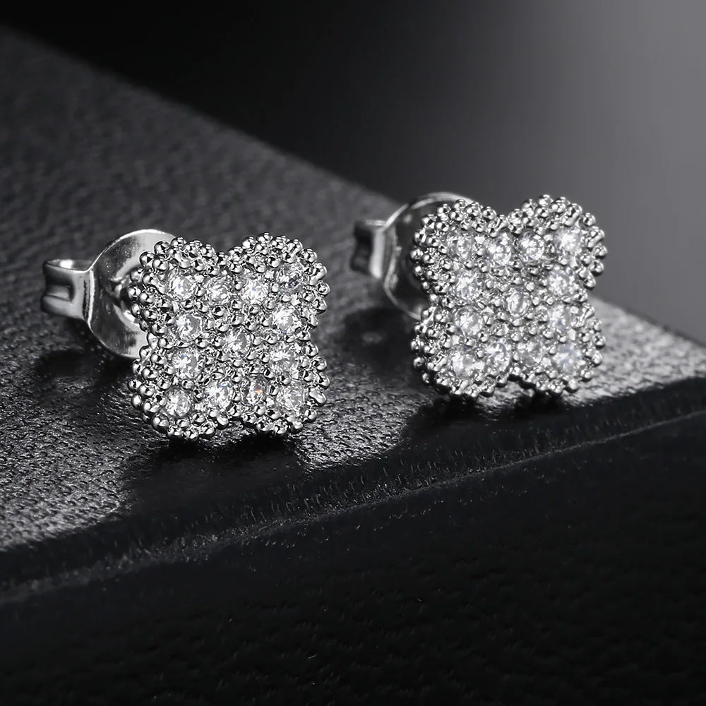 Silver Iced Out Four Leaf Clover Stud Earrings