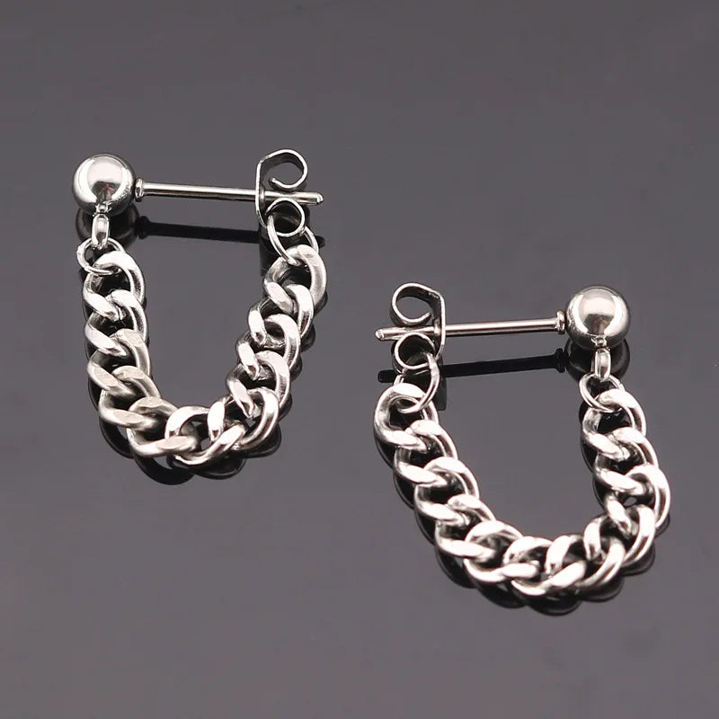 Black Steel Chain Stud Earrings Minimal