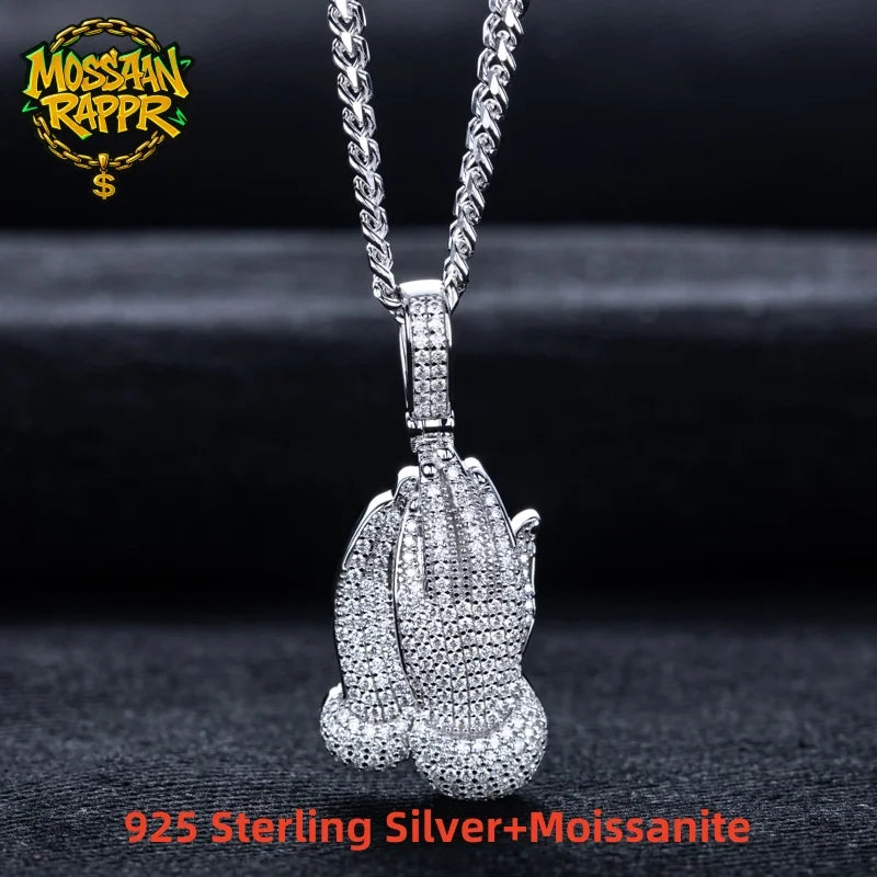 Iced Out Praying Hand Pendant — 925 Silver
