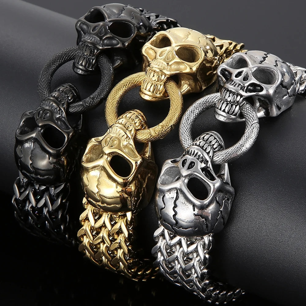 Massive Lion Skull Head Bracelet for Man Stainless Steel 18MM Wide Square Franco Chain Men's Bracelets Animal Wrist