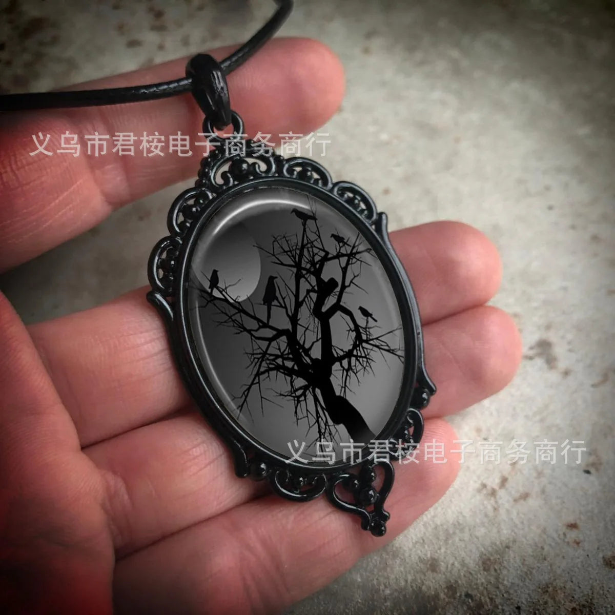 Gothic Crow Black Forest Charm Necklace Fashion Witch Jewelry Gift Pagan Cross Black Cat Skull Glass Pendant Necklace