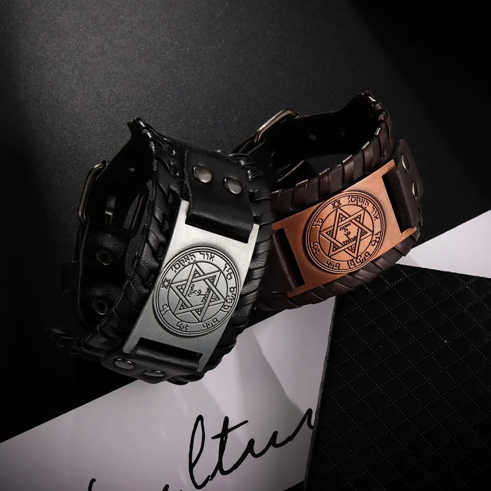 Trendy Totem Design Six-pointed Star Bracelet Men's Bracelet New Fashion Leather Woven Viking Accessorie Party Jewelry Wholesale