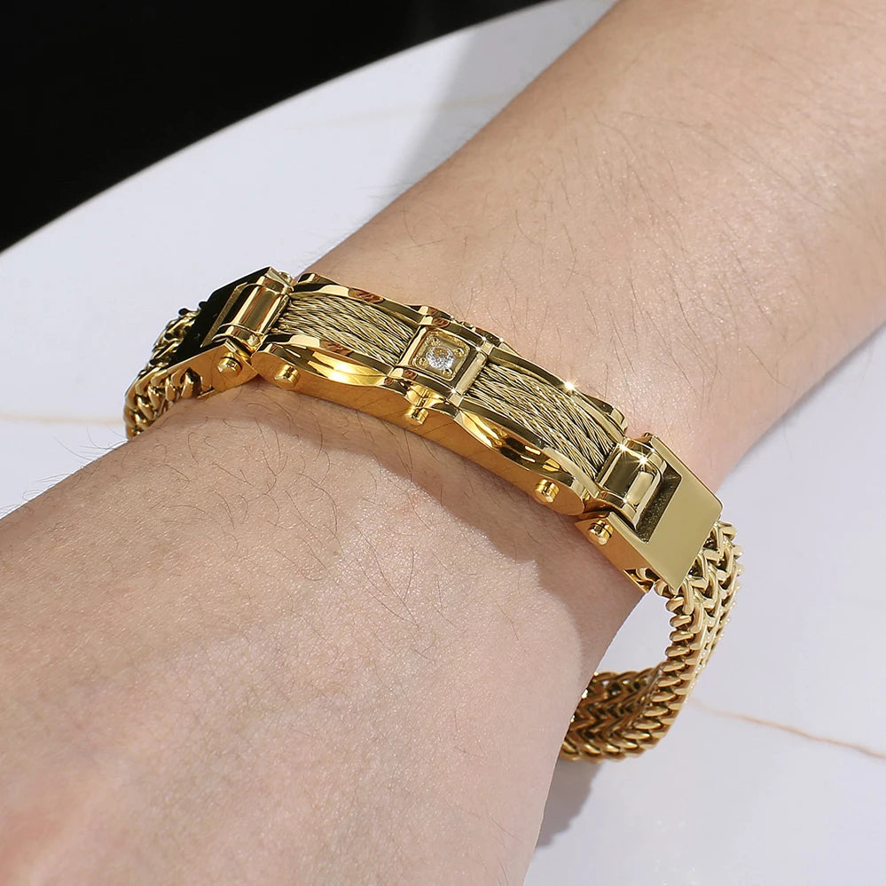 Stainless Steel Bracelet for Men 12MM Width Square Franco Link Chain Men's Bracelets With CZ & Magnet Clasp Gold Color