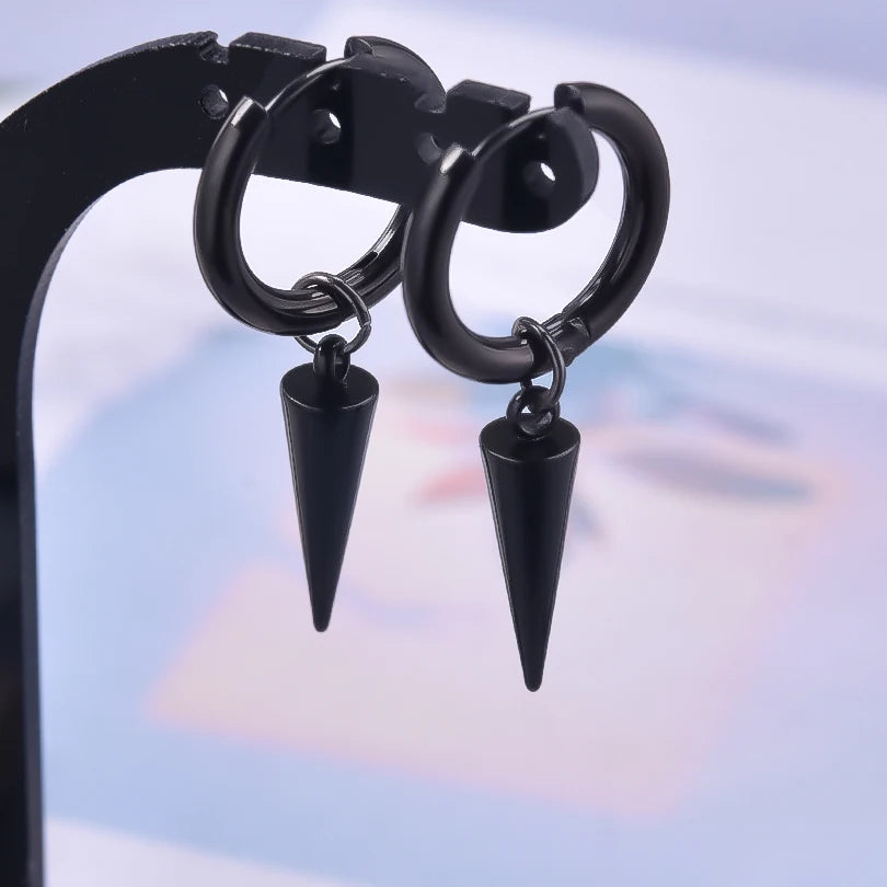 Spike Cone Drop Huggie Hoop Earrings for Men — Stainless Steel