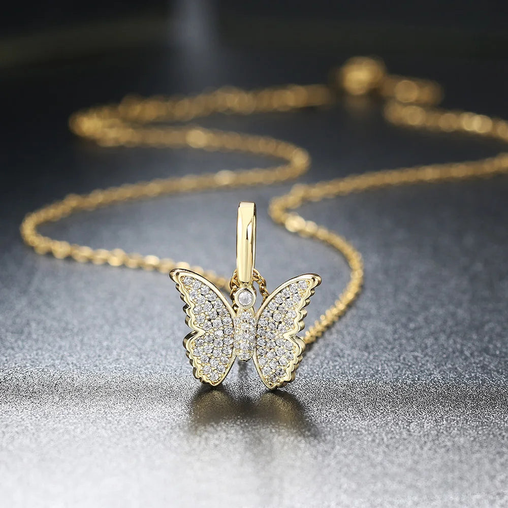Cross Pendant Necklace Iced Out Butterfly CZ