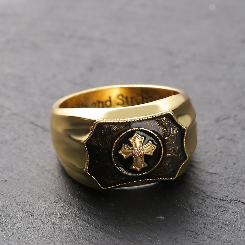 Men's Black Cross Ring — Gold-Tone