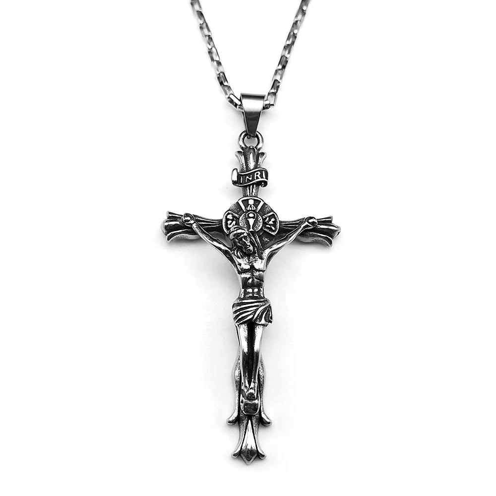 Big INRI Jesus Crucifix Cross Pendant Necklace — Stainless Steel