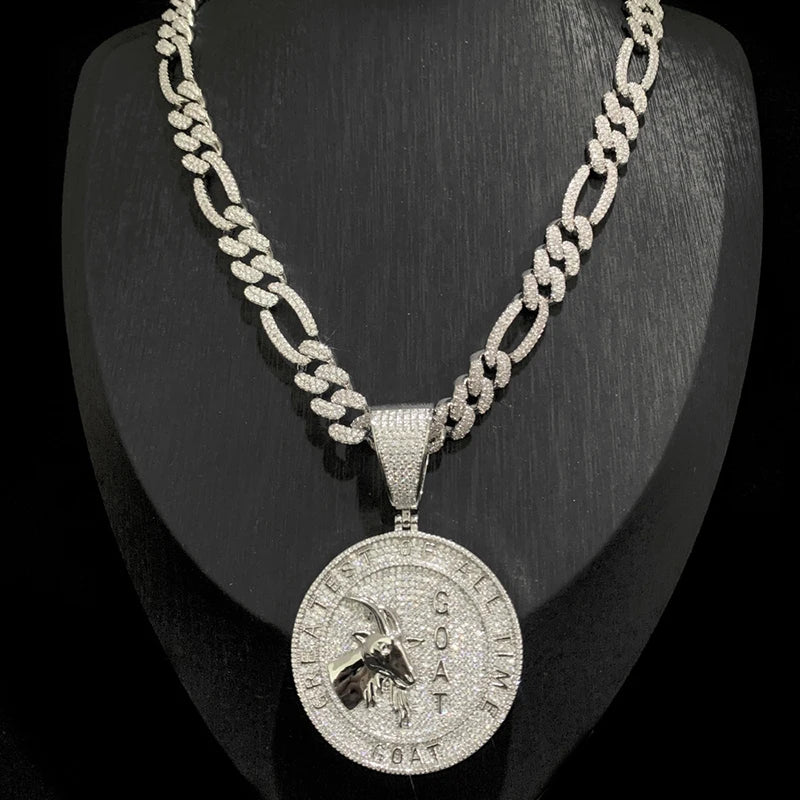 Hip Hop 5A+ CZ Stone Bling Ice Out Goat Round Pendants Necklace for Men Rapper Jewelry Gold Silver Color