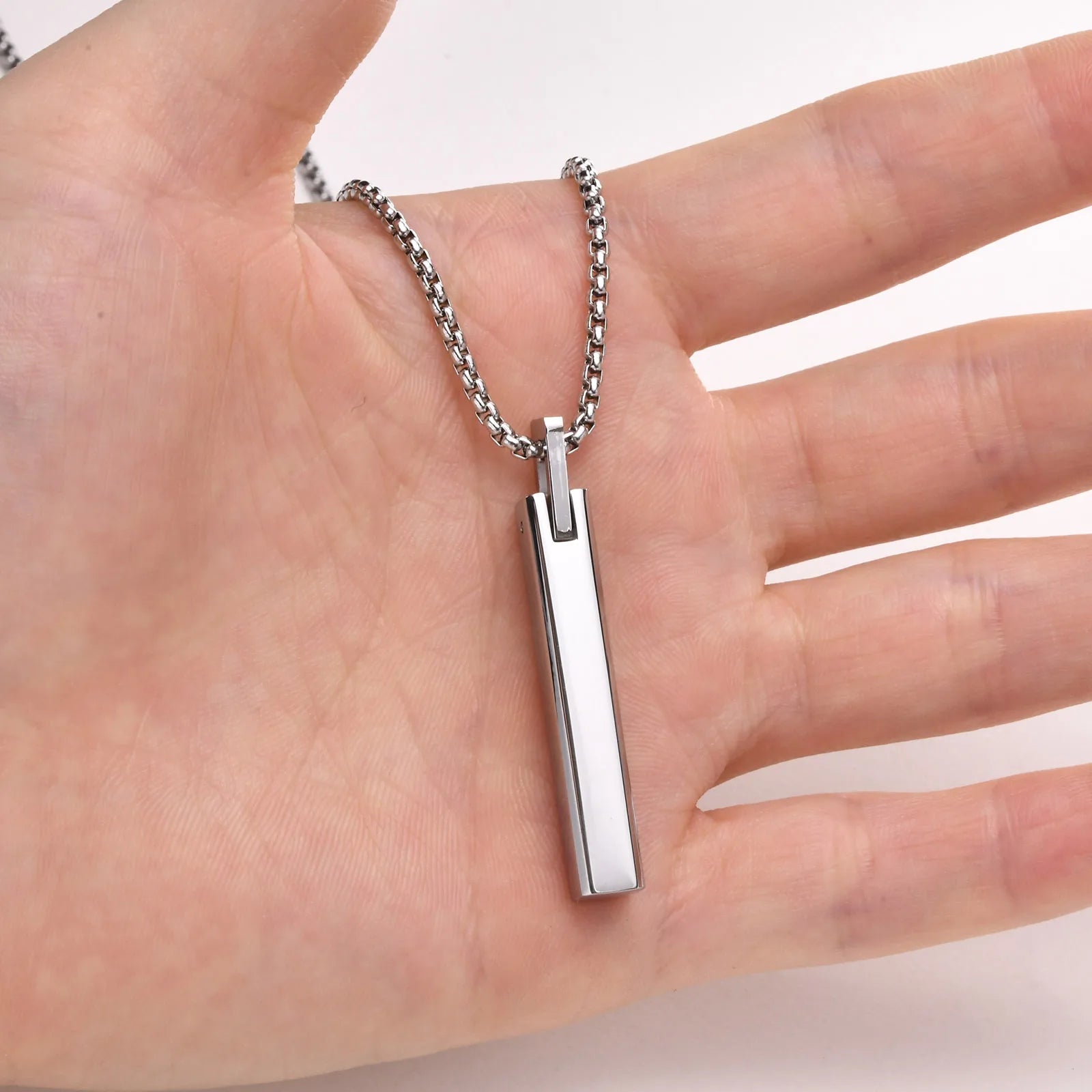Vertical Bar Box Chain Pendant — Stainless