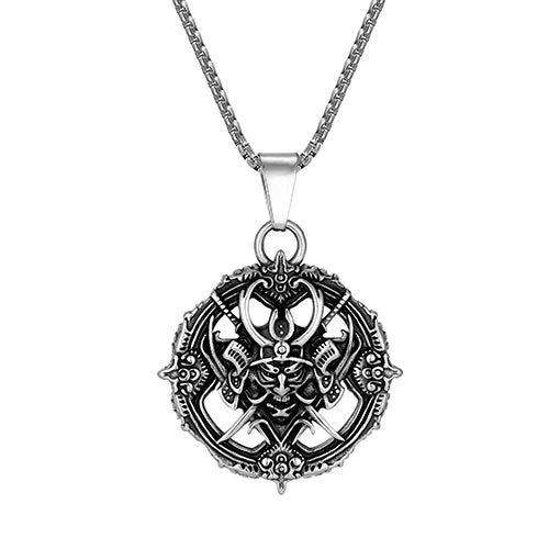 Samurai Oni Mask Pendant Necklace — Stainless Steel