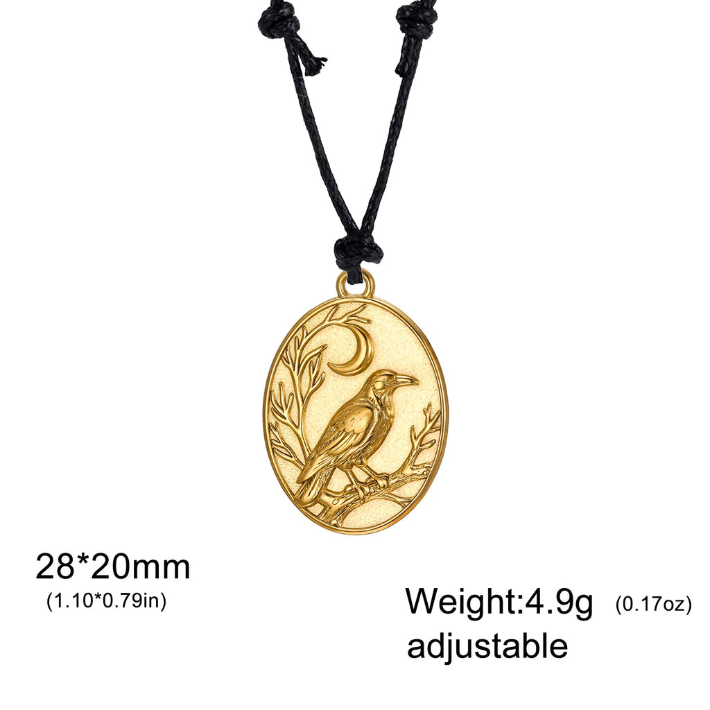 Skyrim Raven Crescent Moon Oval Pendant Necklace Stainless Steel Gothic Witchcraft Amulet Neck Chain for Men Women Jewelry Gift