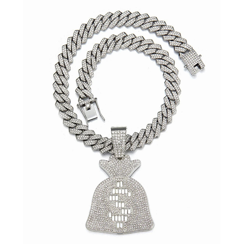 Men Women Hip Hop Dollar Sign Money Bag Pendant Necklace With 14mm Cuban ChainUSD Money Bag Necklaces Trendy Charm Jewelry Gift