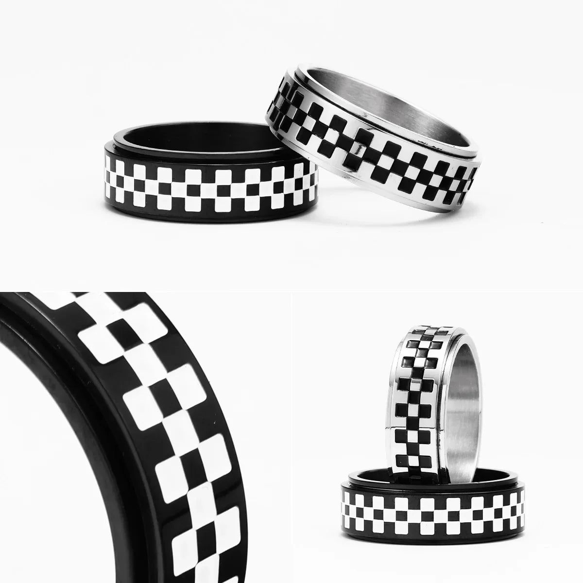 Racing Checkerboard Fidget Spinner Men Rings Stainless Steel Punk Rock Simple Women Jewelry Fashion Accessories Gift