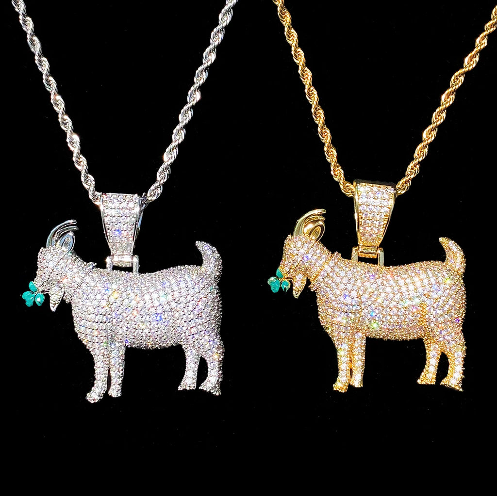 Aokaishen Iced Out Goat Grass Necklace Pendant for Men Real Gold Plated 5A Cubic Zirconia Hip Hop Jewelry