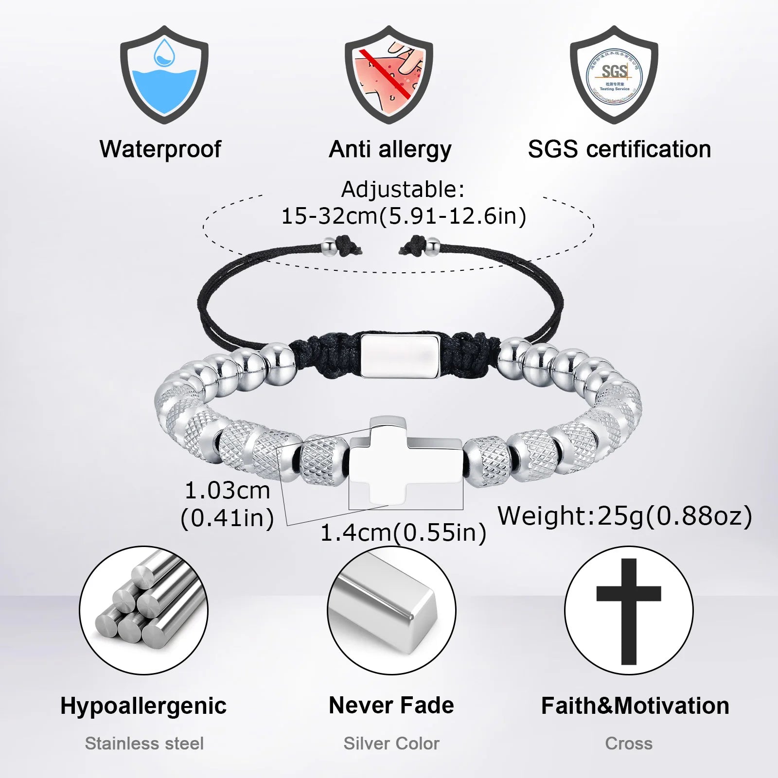 Cross Pineapple Bead Bracelet — Stainless Steel