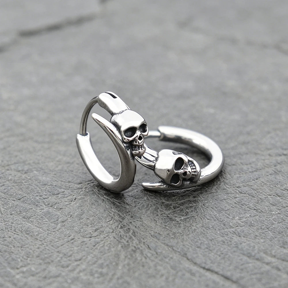 Skull Hoop Earrings Punk Party Men Women — 316L Stainless Steel