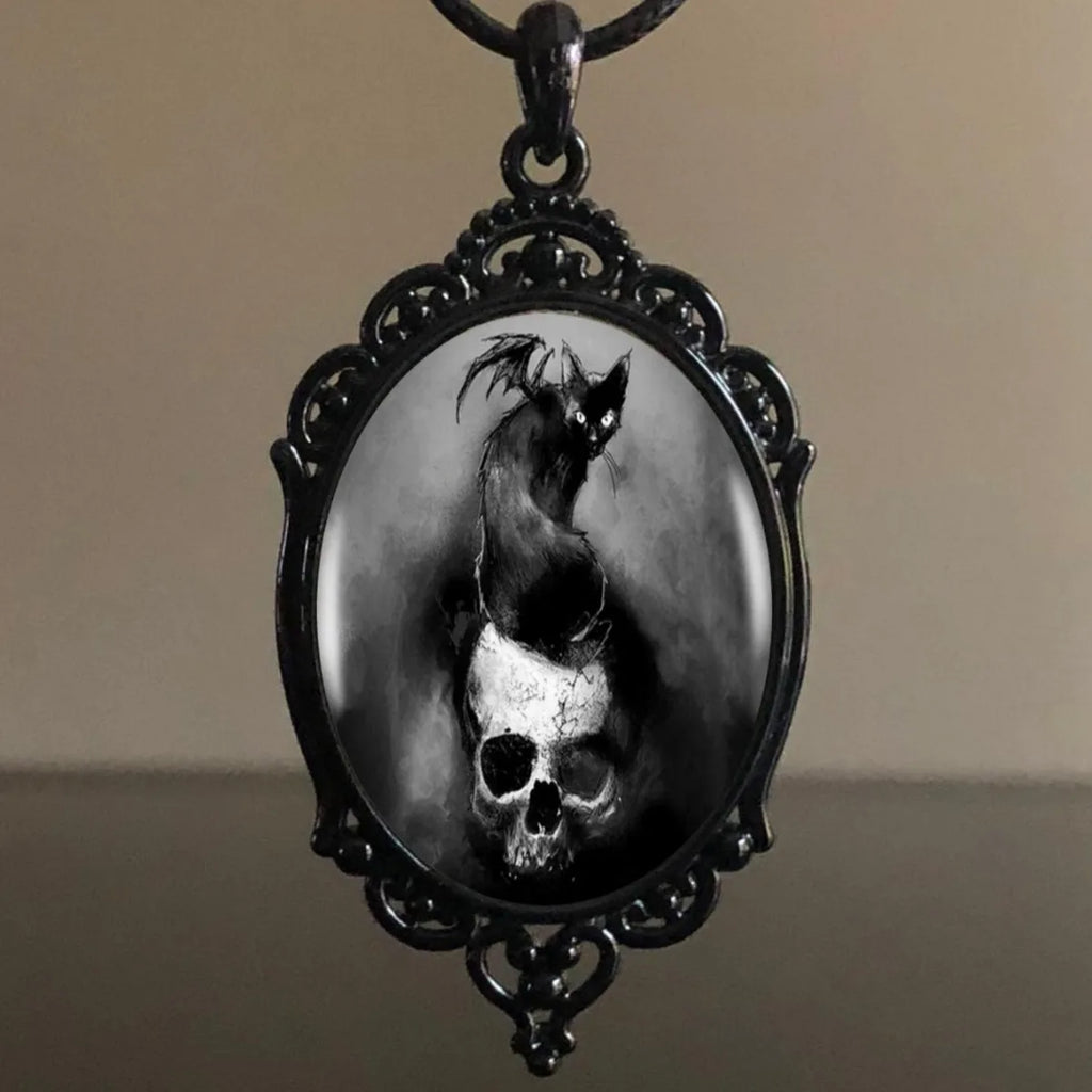 Gothic Crow Black Forest Charm Necklace Fashion Witch Jewelry Gift Pagan Cross Black Cat Skull Glass Pendant Necklace